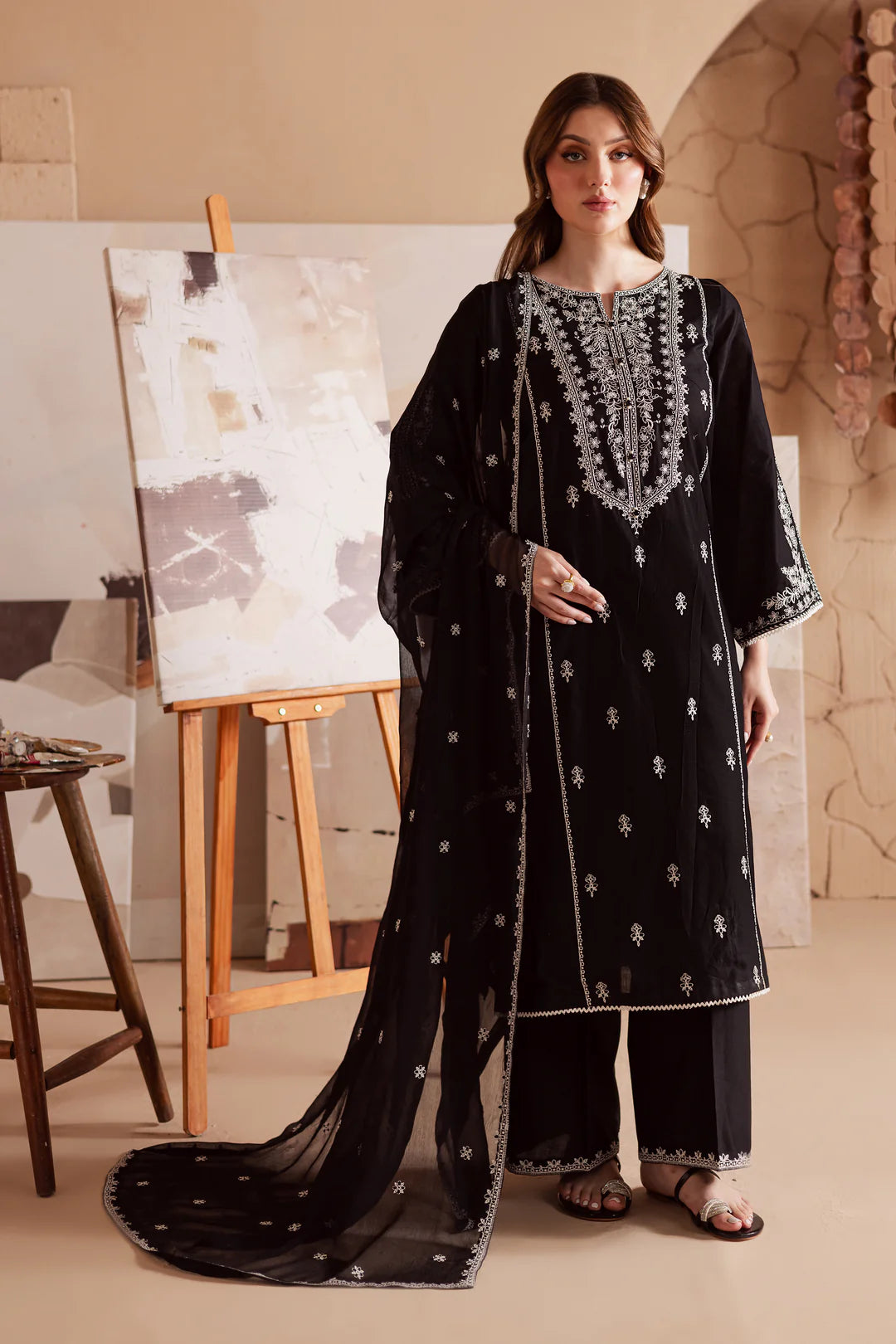 Elegant Dhanak 3 Piece Embroidered with Dhanak Embroidered Shawl