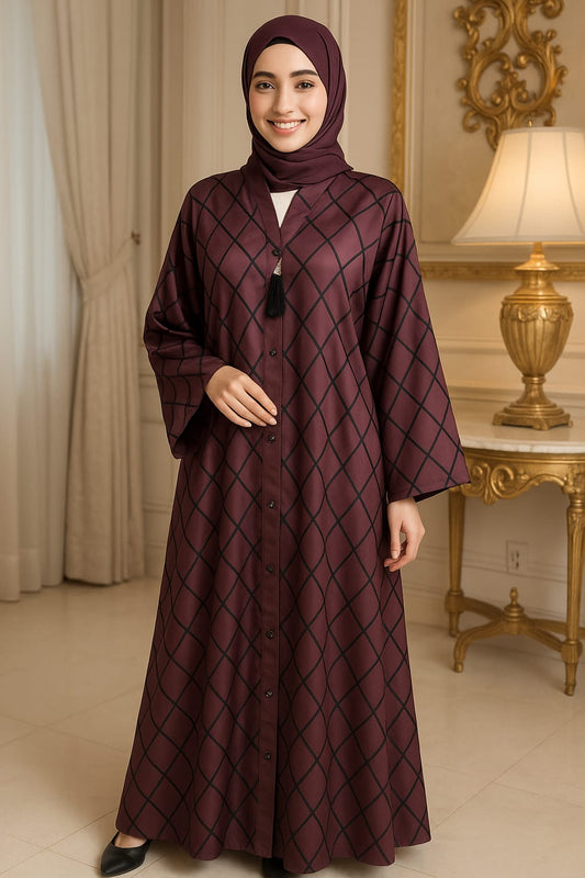 Elegant Maroon Abaya With Black Check