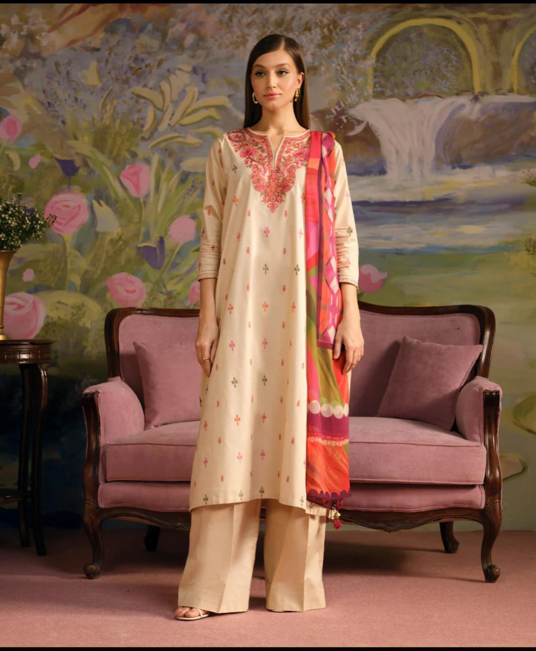 Elegant Dhanak 3 Piece Embroidered